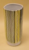 A RYE CINQUE PORTS CYLINDRICAL VASE of ribbed form and with grey and yellow linear decoration,