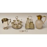 AN EPNS PARCEL OF EGG CADDY, CRUET SET & CUP together with a crackle glazed glass decanter and a