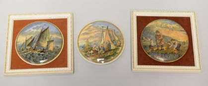 THREE PRATT WARE POT LIDS DEPICTING LIFE OF FISHING FOLK including boats out with figures hauling