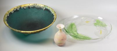 A BAVARIAN ART GLASS VASE, SCANDINAVIAN GLASS FLARED BOWL, AN ART GLASS FOOTED BOWL, two of the