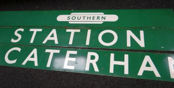 THREE ENAMEL ON METAL RAILWAY PLATFORM SIGNS in green and white livery - 'Caterham', 'Station'