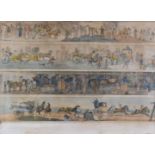 ANTIQUE COLOURED PRINT depicting various Georgian scenes of horses and carriages, 39 x 53cms