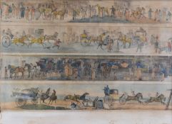 ANTIQUE COLOURED PRINT depicting various Georgian scenes of horses and carriages, 39 x 53cms