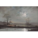 PETER COSSLETT oil on canvas - winter moonlit view of figures with horse on riverbank looking