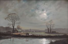 PETER COSSLETT oil on canvas - winter moonlit view of figures with horse on riverbank looking