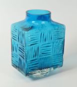 A KINGFISHER BLUE GLASS VASE, MANNER OF WHITEFRIARS of rectangular form and with textured body and
