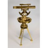 A BURKE & JONES REPRODUCTION THEODOLITE on a tripod stand and with wooden carry case, 37cms high