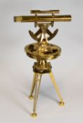 A BURKE & JONES REPRODUCTION THEODOLITE on a tripod stand and with wooden carry case, 37cms high