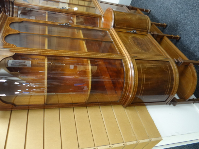 A FINE QUALITY INLAID MAHOGANY DISPLAY CABINET having a cupboard base raised over a platform and - Image 8 of 10