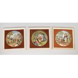 THREE PRATT WARE POT LIDS WITH SOCIAL VIGNETTES, all framed and comprising the titled 'THE VILLAGE