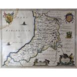 ANTIQUE COLOUR TINTED MAP OF CARDIGANSHIRE entitled 'Ceretica Cardigansis' with coloured coats of