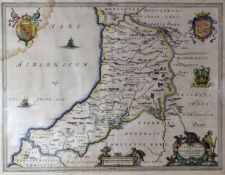 ANTIQUE COLOUR TINTED MAP OF CARDIGANSHIRE entitled 'Ceretica Cardigansis' with coloured coats of