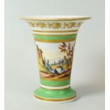 A PORCELAIN VASE WITH PAINTED SCENE of trumpet shape and with a panel of fisherman on the bank of