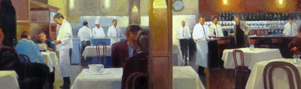 KEN AUSTER (American b.1949) giclee canvas print - restaurant interior scene with diners seated