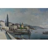 CONTINENTAL SCHOOL oil on canvas - Italian lake town waterfront scene with moored boats looking