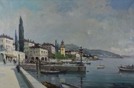 CONTINENTAL SCHOOL oil on canvas - Italian lake town waterfront scene with moored boats looking