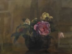 WILLIAM FIRTH oil on canvas - still life of roses in a bowl, unsigned, 40 x 50cms Provenance: