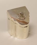 A SILVER CADDY MODELLED IN MINIATURE AS A GEORGIAN KNIFE-BOX of sloped and serpentine form with