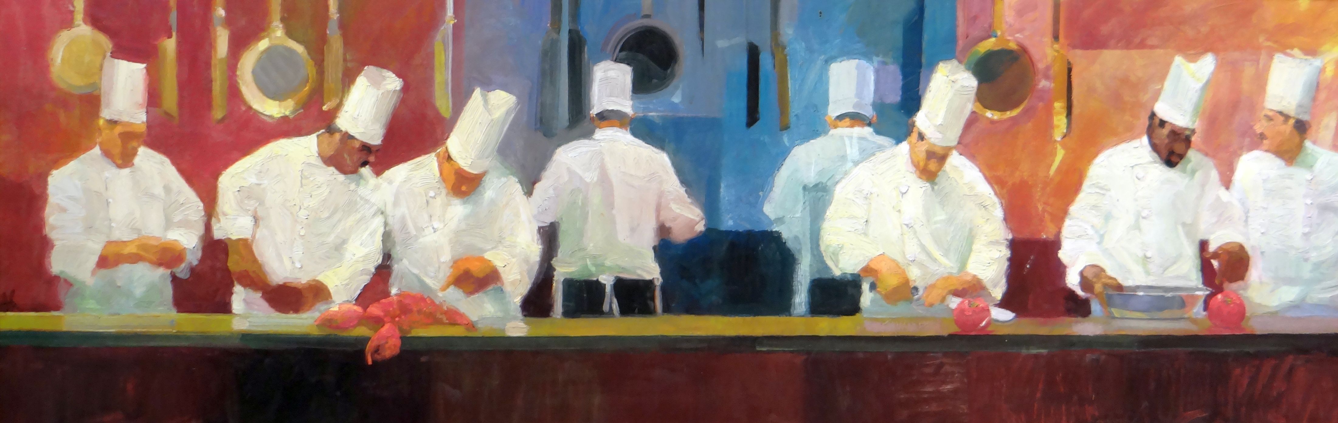 KEN AUSTER (American b.1949) giclee canvas print - eight chefs preparing food, 88 x 270cms