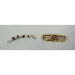 A 14K CRESCENT BROOCH & ANOTHER the crescent brooch with seed pearls and sapphires, the other