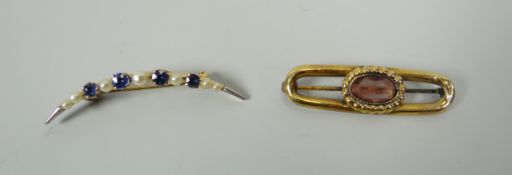 A 14K CRESCENT BROOCH & ANOTHER the crescent brooch with seed pearls and sapphires, the other