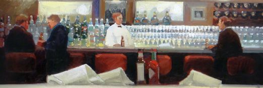 KEN AUSTER (American b.1949) giclee canvas print - customers drinking at bar and bar staff, 88 x