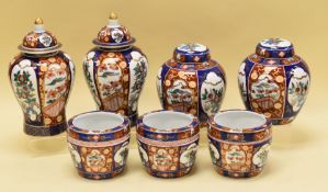 MODERN 'GOLD IMARI' POTTERY ITEMS comprising pair of covered vases, pair of ginger vases and three