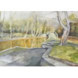 CERI BARCLAY watercolour - canal and bridge in woodland, entitled verso 'Skew Bridge, Aberdulais