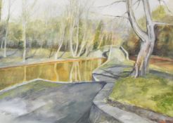 CERI BARCLAY watercolour - canal and bridge in woodland, entitled verso 'Skew Bridge, Aberdulais