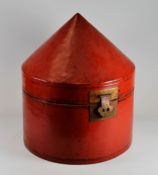 A CHINESE LACQUER HAT BOX of conical form with metallic lock plate, 40cms high