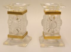 PAIR OF LALIQUE "CHANDELIER CARRE' PAQUERETTE" CANDLEHOLDERS with square bases, textured gold ban