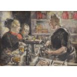 ETHEL MACMILLAN oil on board - figures at a bar with drinks and food entitled verso 'Chando's Grill,