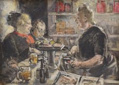 ETHEL MACMILLAN oil on board - figures at a bar with drinks and food entitled verso 'Chando's Grill,