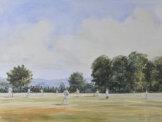 ROSEMARY BRAMLY watercolour - cricket match with viaduct and hills in background, signed, 30 x