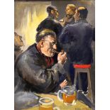 ETHEL MACMILLAN oil on board - figures in a pub with man smoking pipe, signed, 38 x 29cms