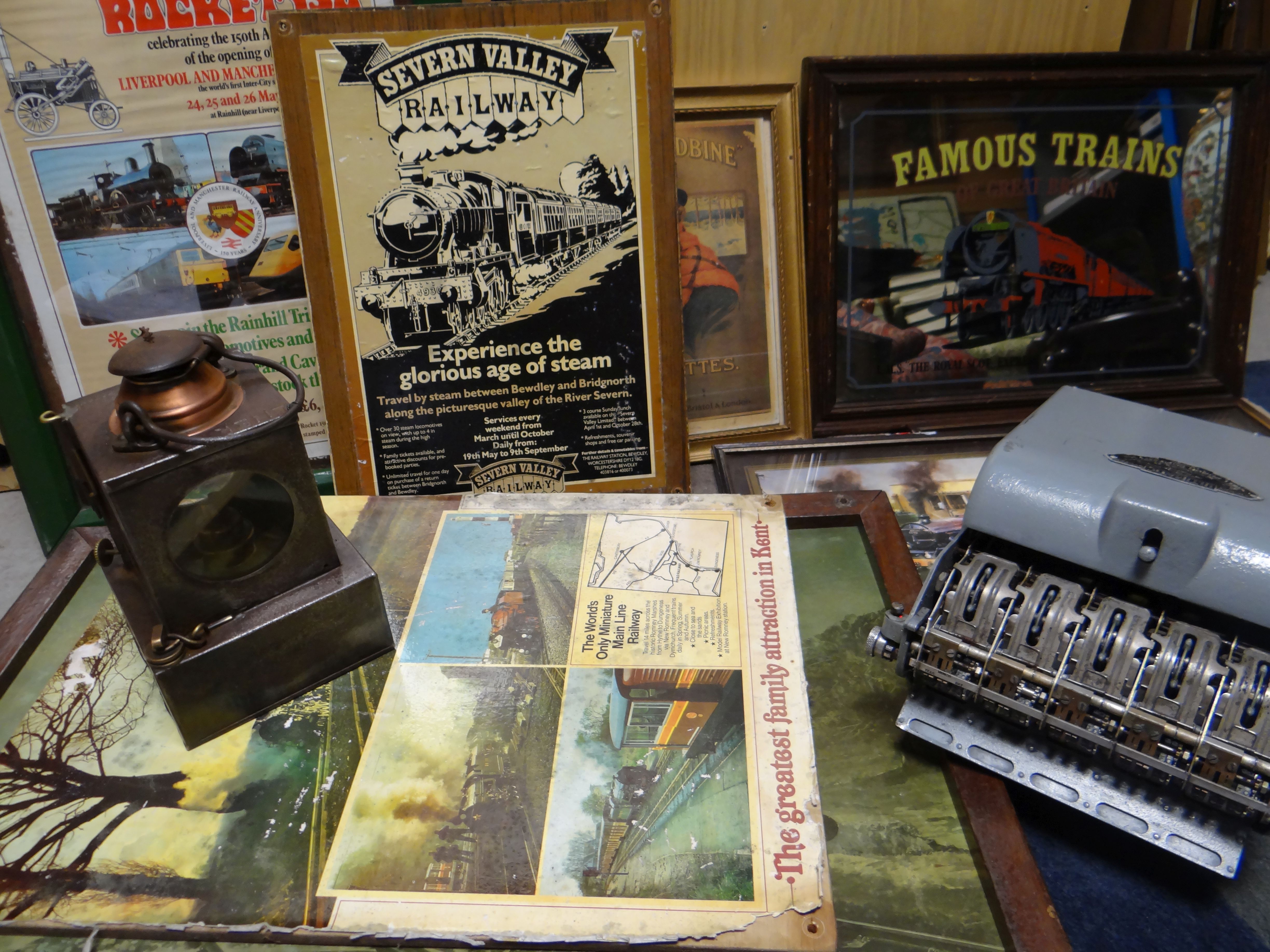 A MIXED PARCEL OF RAILWAY ITEMS including ticket machine, Welch Patent lamp, framed collectables,