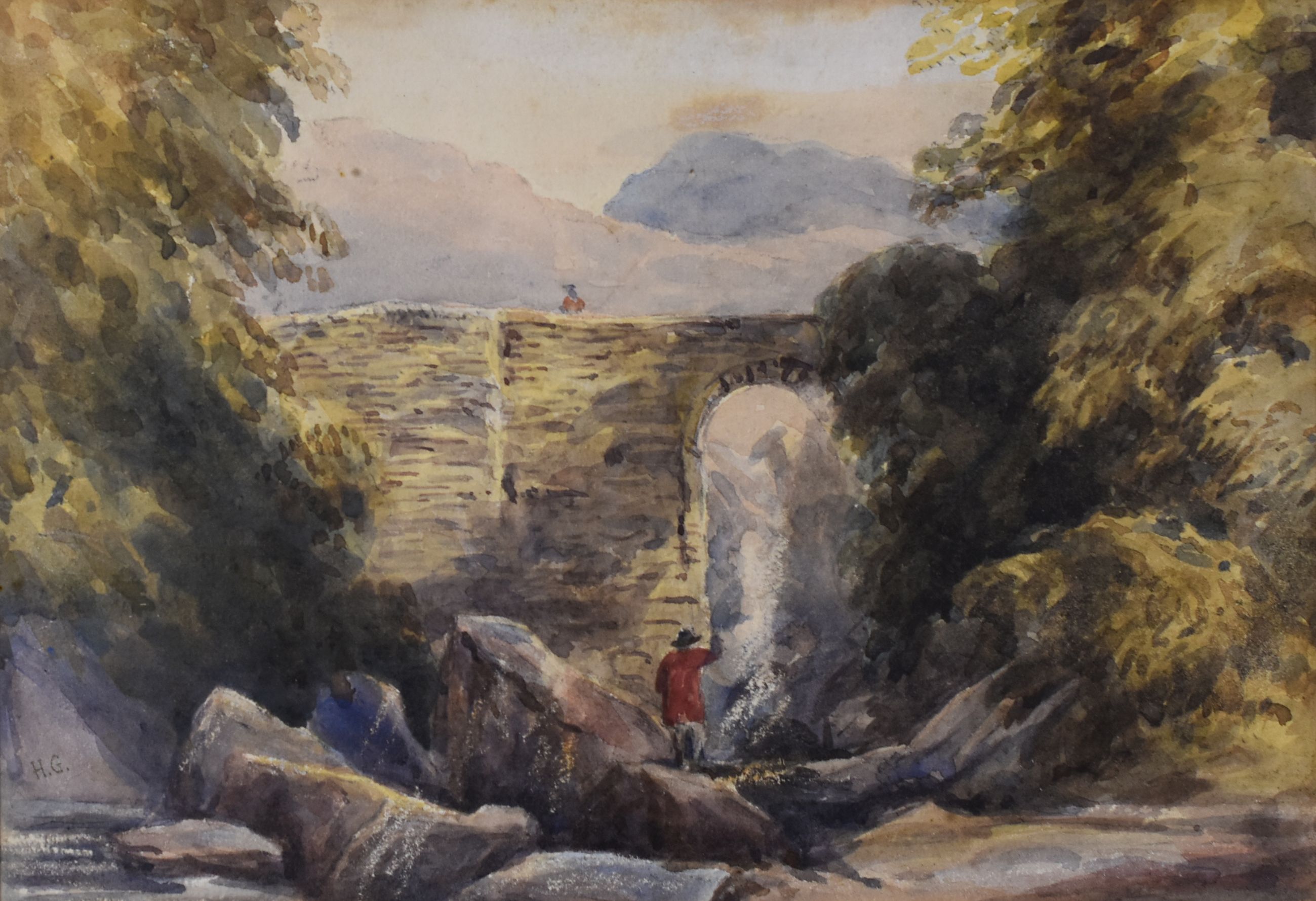 ATTR. HENRY GASTINEAU (1791-1876) watercolour - standing figure on rocks with view of waterfall