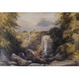 ATTR. HENRY GASTINEAU (1791-1876) watercolour - standing figure on rocks with view of waterfall