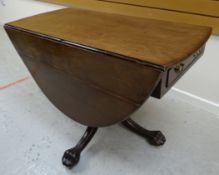 A GOOD NINETEENTH CENTURY MAHOGANY DROP FLAP TEA TABLE on a tripod claw base and having a single end