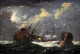 FOLLOWER OF BACKHUYZEN oil on canvas - two Naval vessels in rough conditions, 35 x 51cms