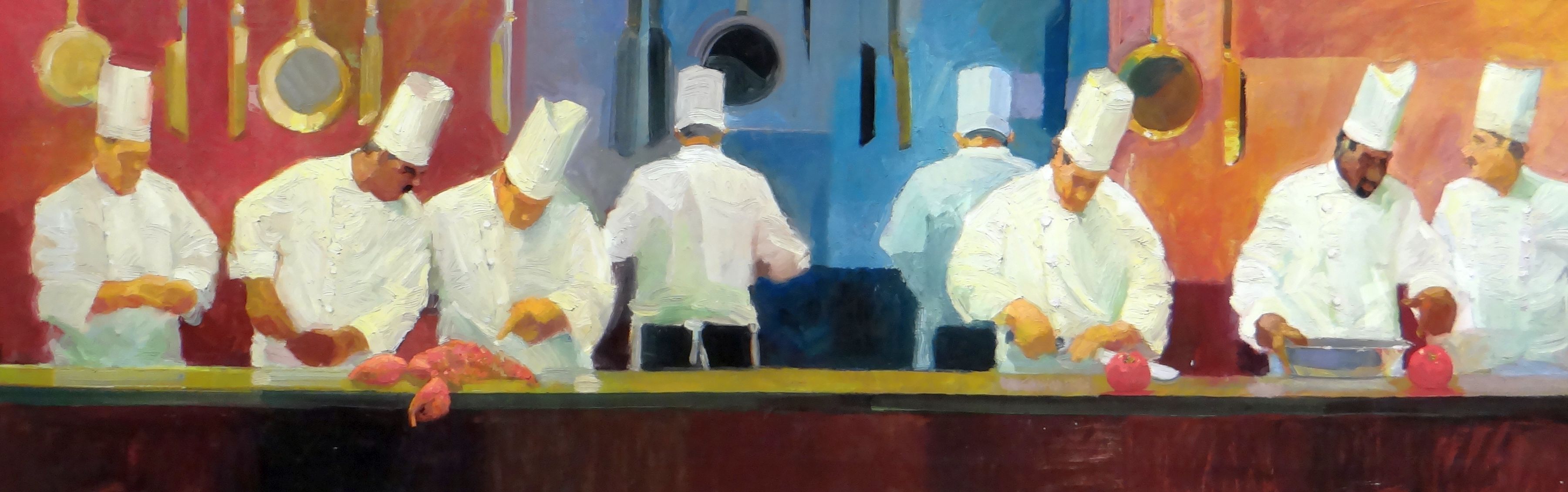 KEN AUSTER (American b.1949) giclee canvas print - eight chefs preparing food, 88 x 270cms
