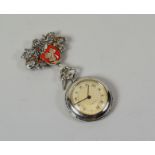 A SWISS SILVER FOB WATCH & PENDANT with heraldic cartouche with enamel detail, the dial marked