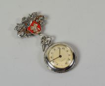 A SWISS SILVER FOB WATCH & PENDANT with heraldic cartouche with enamel detail, the dial marked