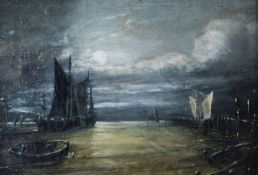 EDWARD WORSLEY oil on canvas - maritime scene, sailing boat with moonlit sky, label verso
