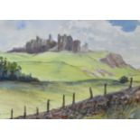 D MALING watercolour - view looking up to Carreg Cennen Castle', signed with initials and dated '98,