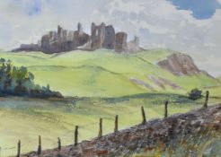 D MALING watercolour - view looking up to Carreg Cennen Castle', signed with initials and dated '98,