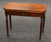 A LATE NINETEENTH CENTURY MAHOGANY FOLDOVER TEA TABLE with single drawer