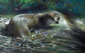 JOEL KIRK pastel - otter in river above weir, signed, 30 x 48cms