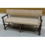 A SEMI-UPHOLSTERED & BARLEY TWIST WOOD BENCH 149cms wide
