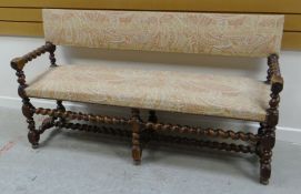 A SEMI-UPHOLSTERED & BARLEY TWIST WOOD BENCH 149cms wide